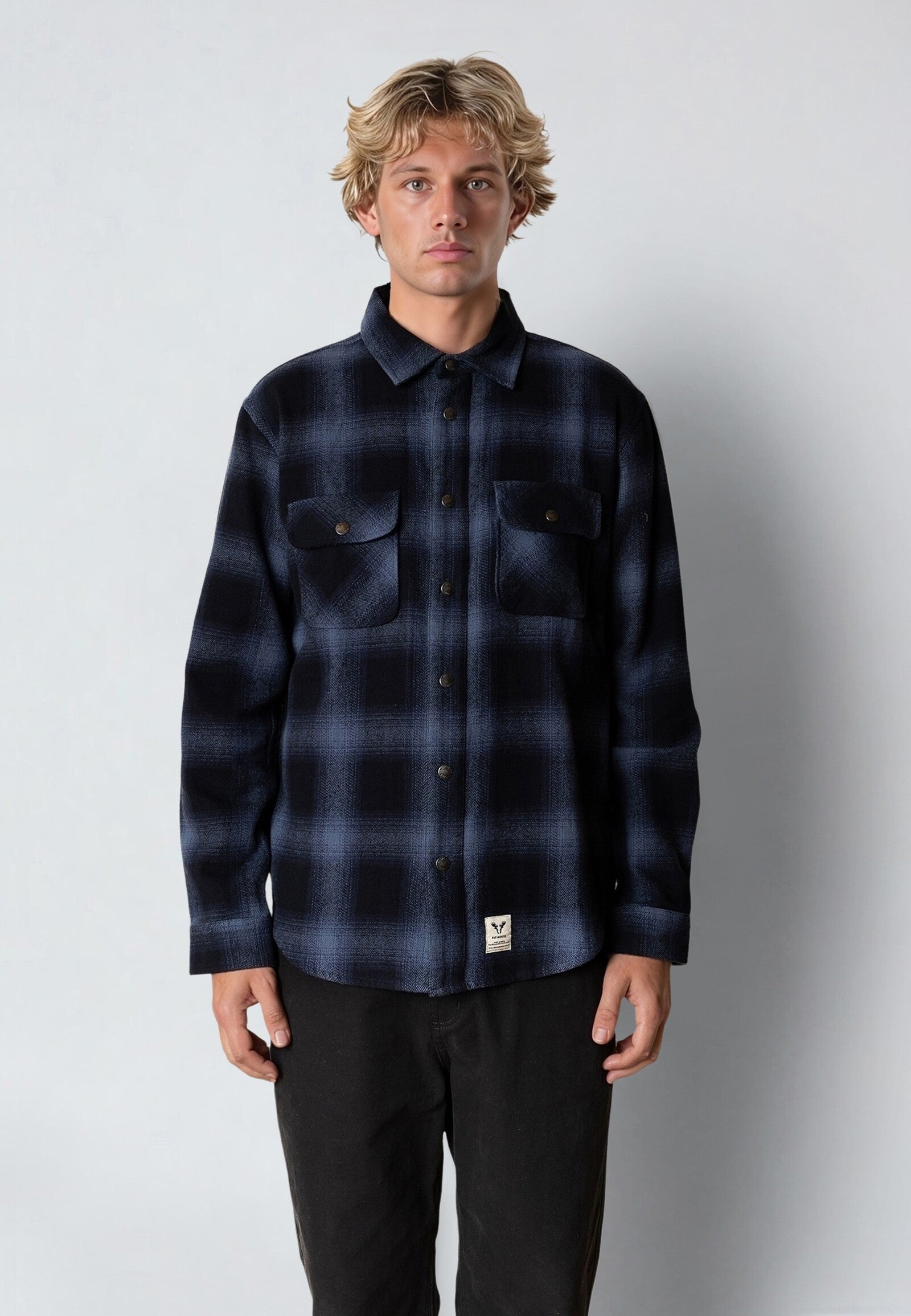 Camisa Fat Moose Adrian Algodon Cuadros Azul Oscuro
