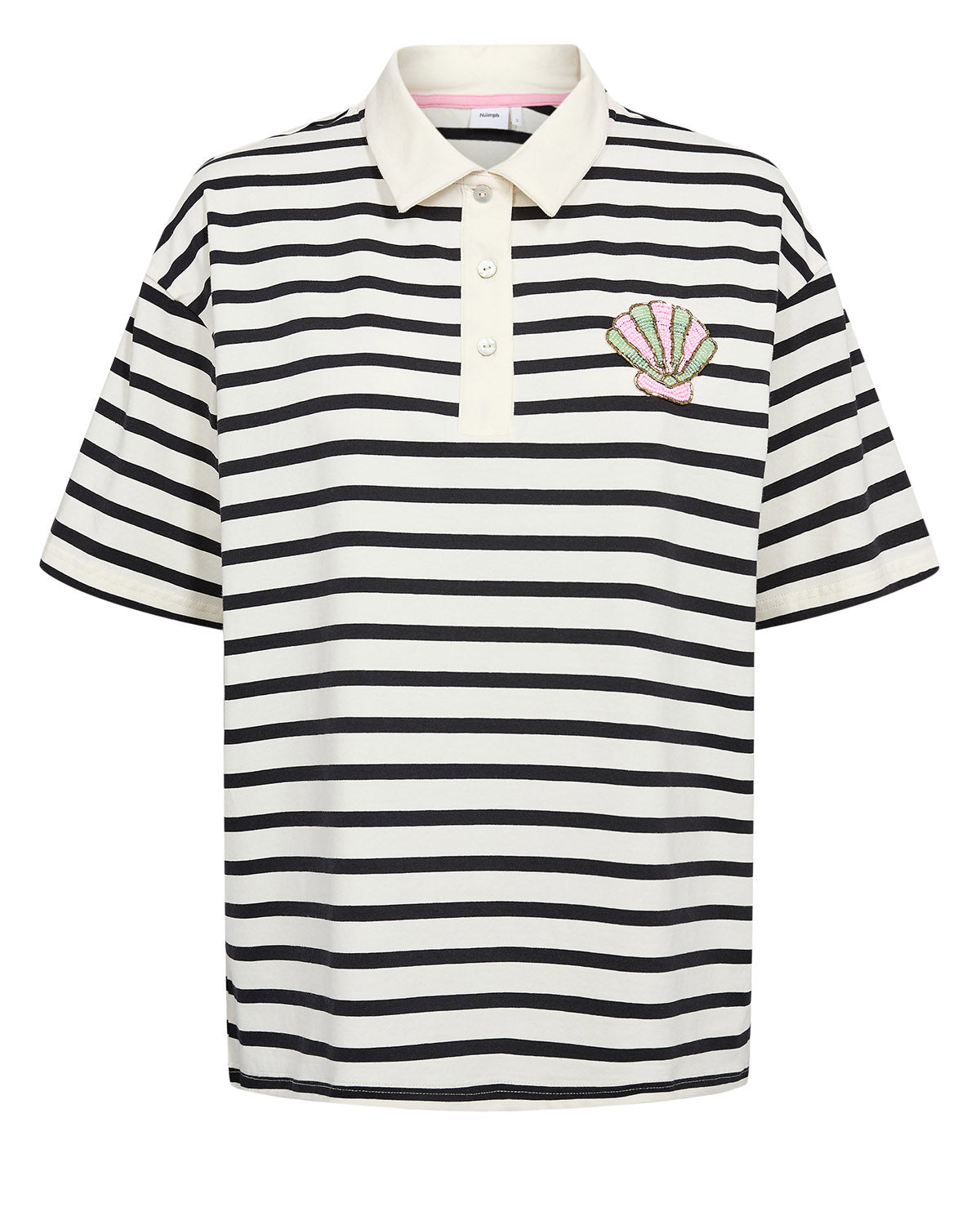 Polo de rayas Nümph Nuhydra – Negro y beige con detalle de concha