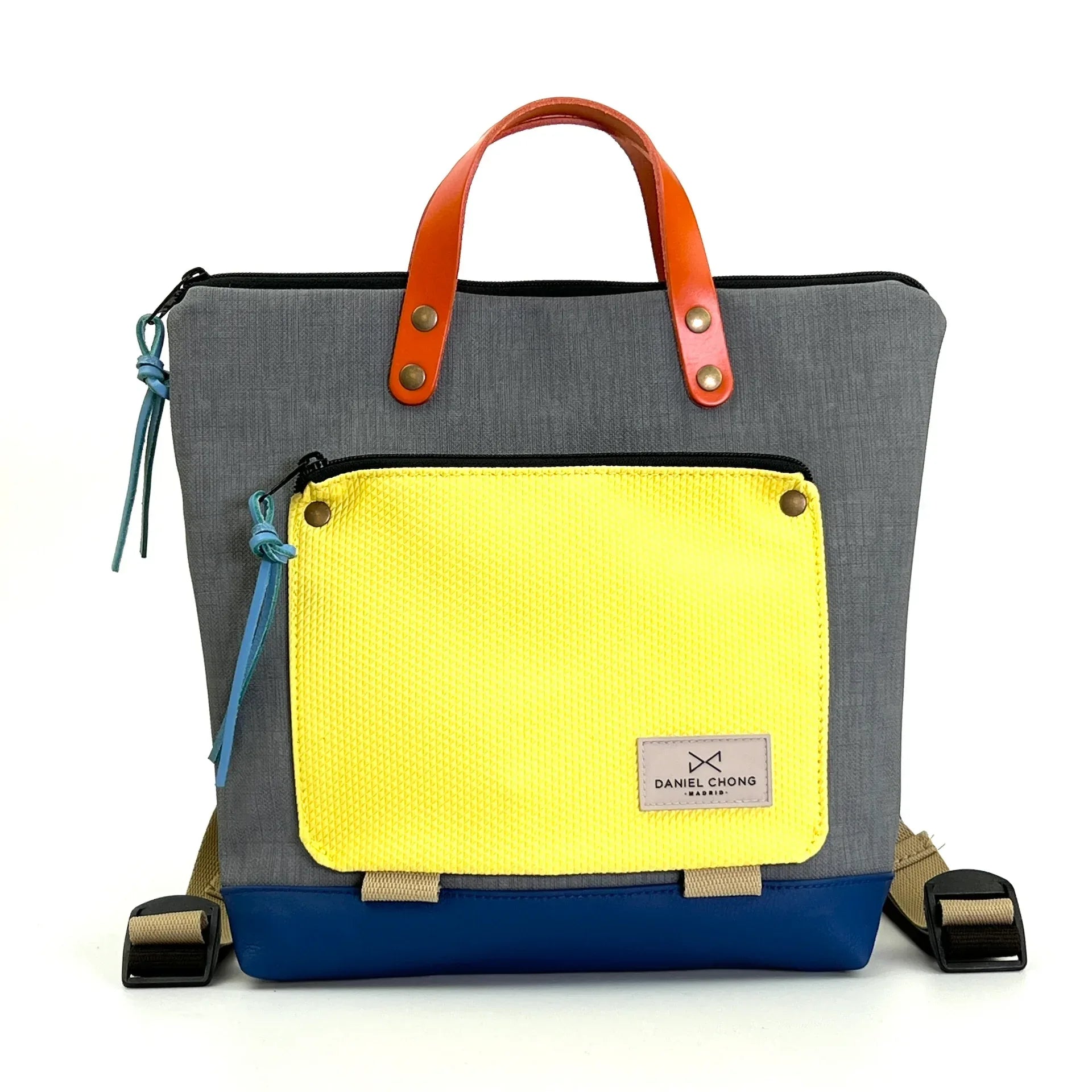 Mochila Daniel Chong mini cuadrada Book Holder Impermeable Gris con bolsillo amarillo