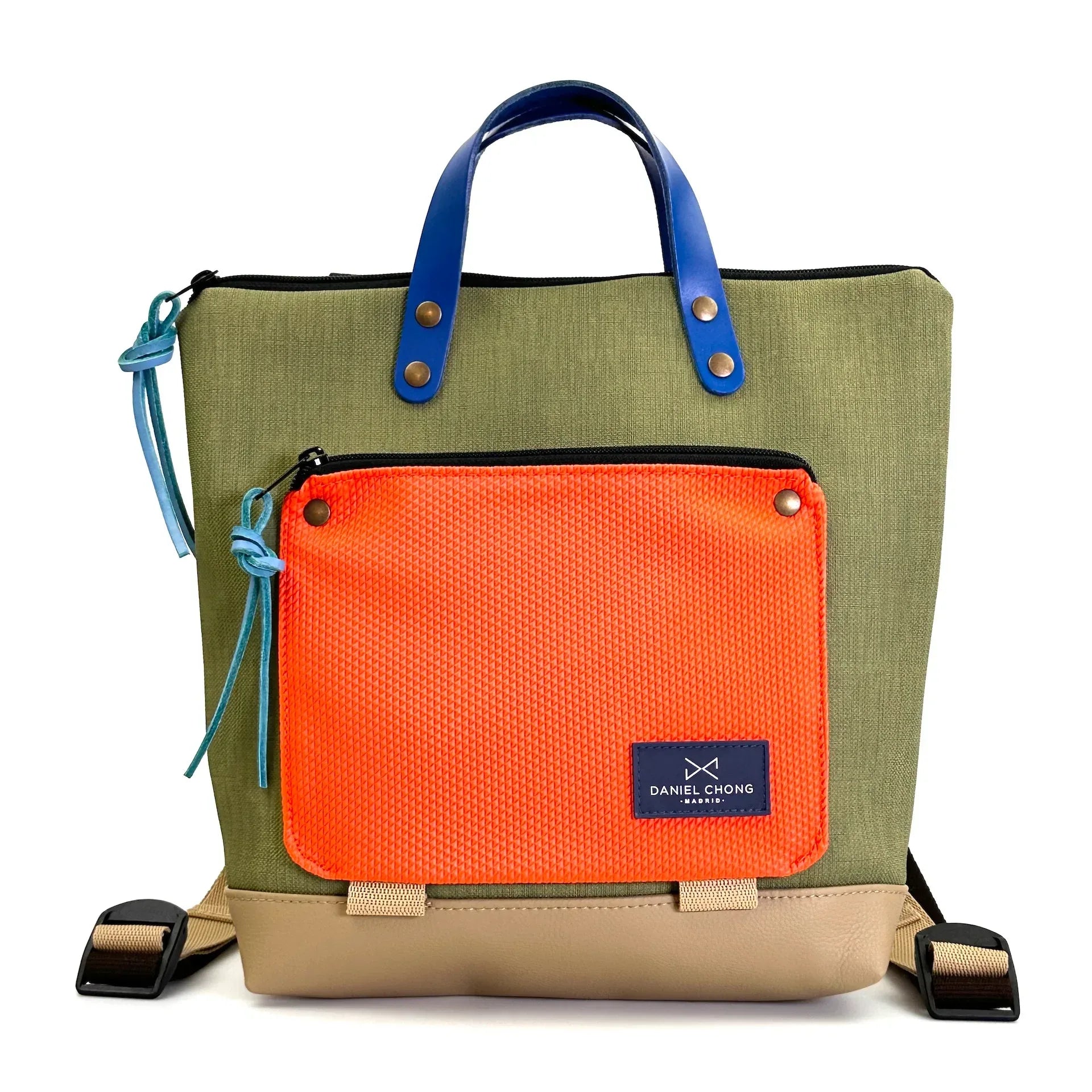 Mochila Daniel Chong mini cuadrada Book Holder Impermeable DZ verde con bolsillo naranja