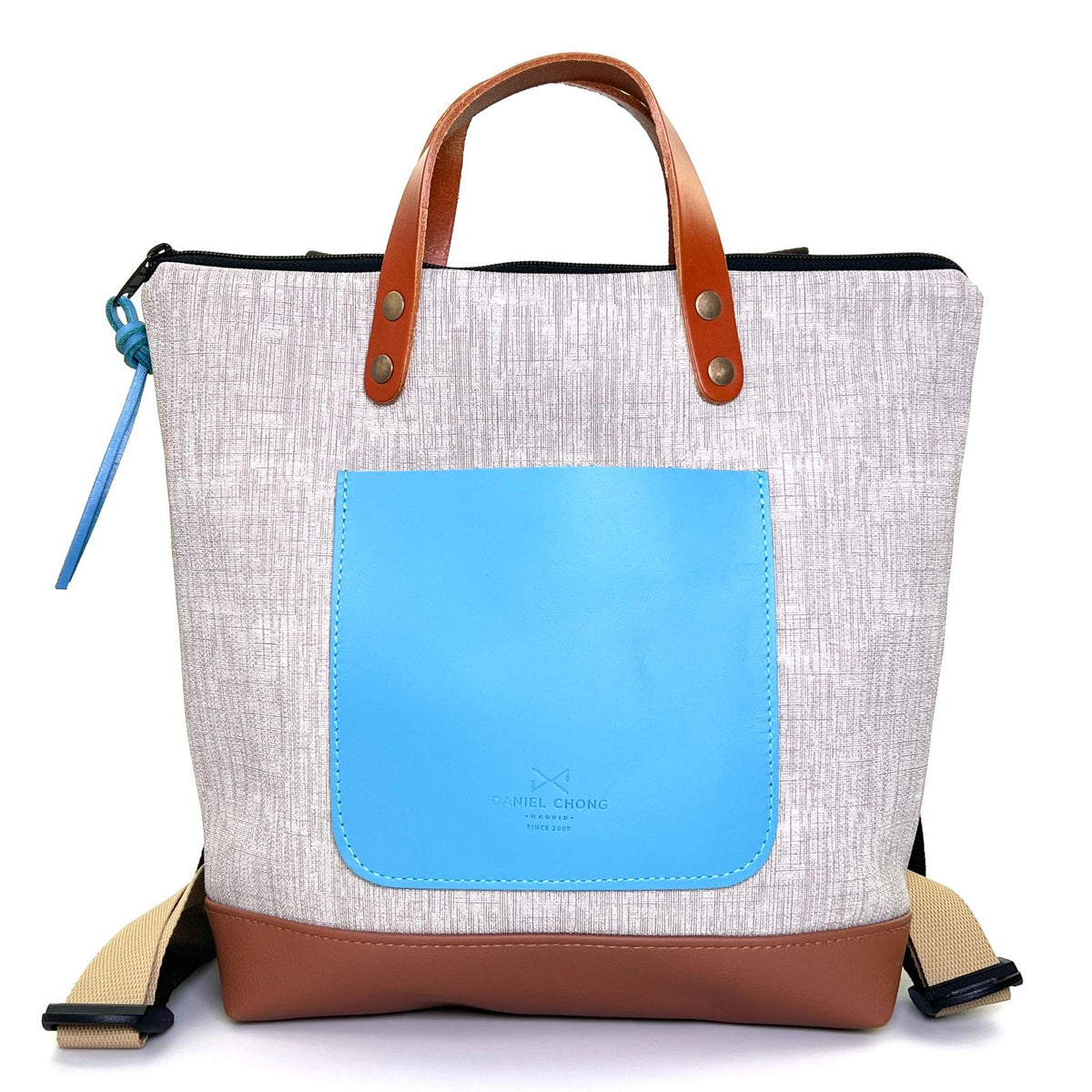 Mochila Daniel Chong Slim Mini Cuadrada Crudo Azul Cielo
